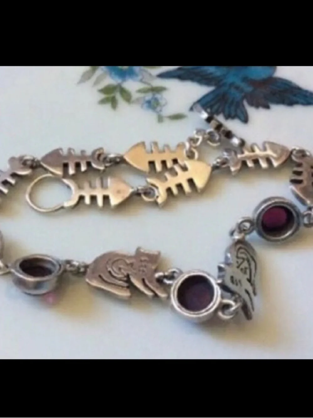 Vintage Fish bones cat garnet gemstone link bracelet sterling silver 925 - Picture 10 of 16